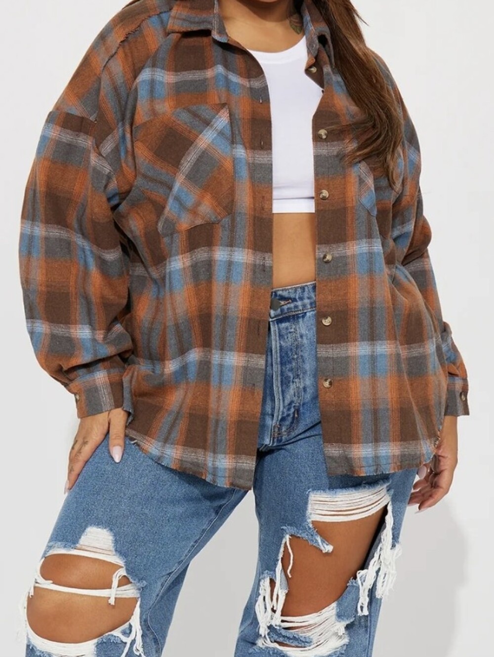 FASHION NOVA Leilani Plaid Button Front Shirt Jacket in Orange Brown & Blue 2X